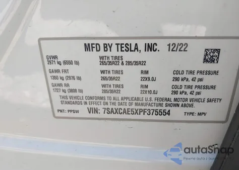 2023 Tesla Model X из США, поврежденный, VIN 7SAXCAE5XPF375554